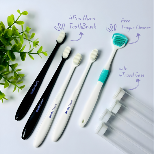 Smilo Teeth Pack 4 Nano Toothbrushes with Travel Cases + 1 Tongue Cleaner
