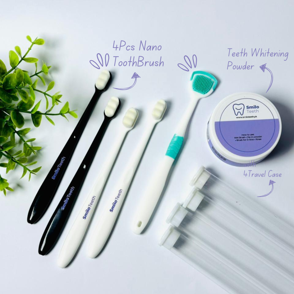 Smilo Teeth Family Pack 4 Nano Toothbrushes 1 Whitening Powder 1 Tongue Cleaner